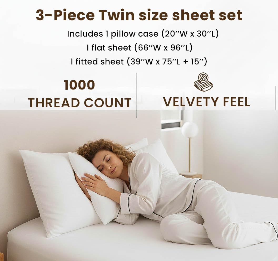 Twin Size Sheets Set 1000 Thread Count 100% Cotton Bedding Set - 3 Piece 15" Deep Pocket Soft & Luxurious Sateen Weave Sheets & Pillowcases, Hotel Quality Bed Sheet for Twin Size Bed (White) - Image 2