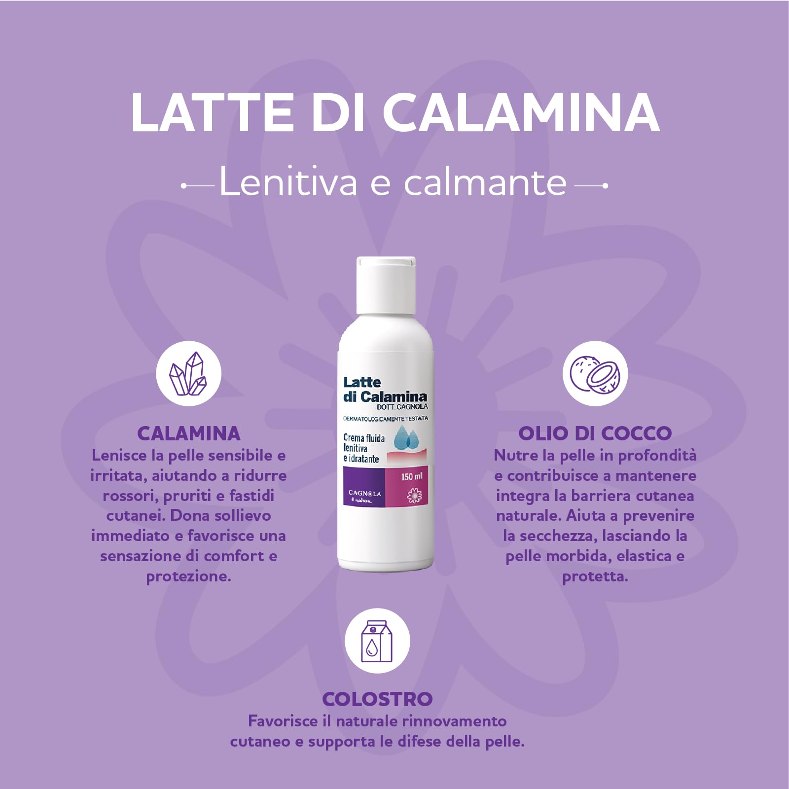CAGNOLA Crema Fluida Lenitiva Idratante Latte di Calamina 150 ml per Arrossamenti Scottature Punture di Insetto