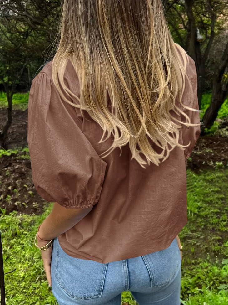 Image of Tankaneo Women's Button Down Shirts Short Puff Sleeve Collared Dressy Casual Blouse Tops