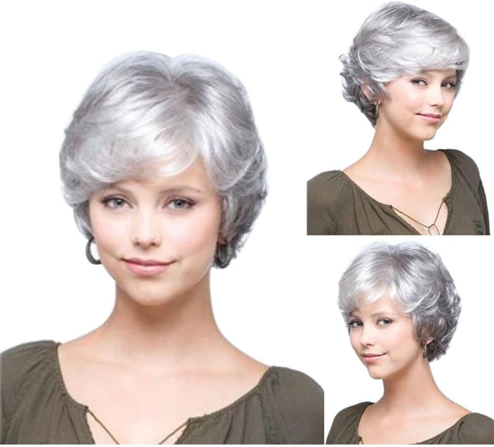 Tonake Short Fluffy Curly Silver White Hair Wig for Women Lady