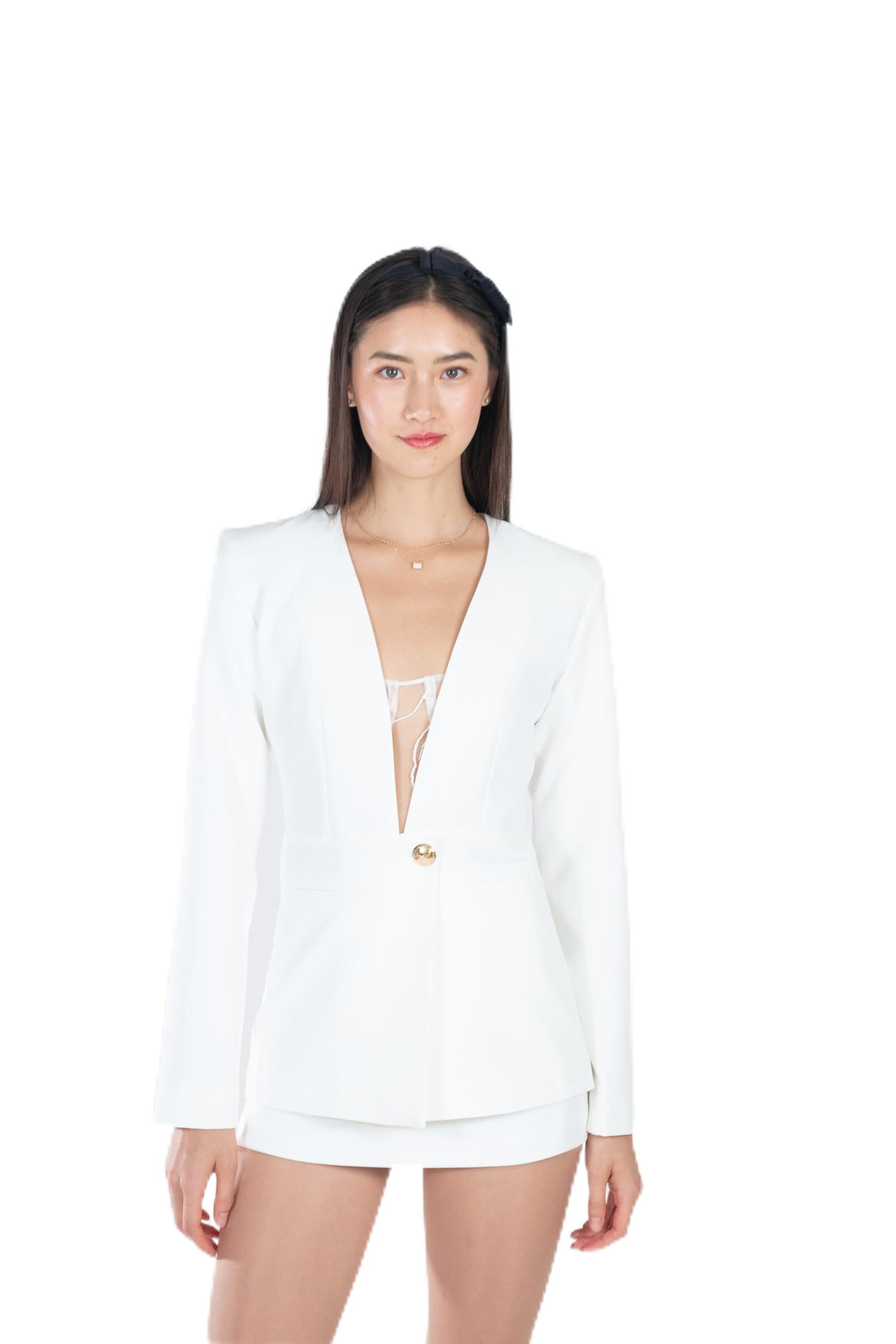 Deep V-Neck Blazer Single Button Closure Padded Shoulder Slim Long Sleeve Available in Beige Black White White