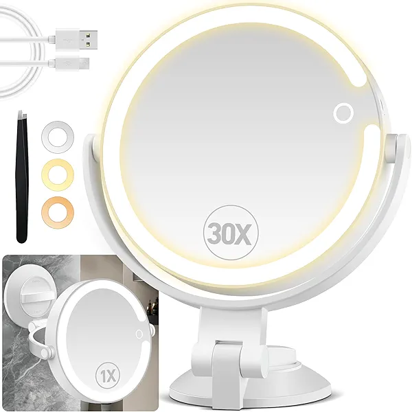 30X/1X Magnifying Mirror Suction Cup with Powerful Locking, Wall Mounted Makeup Mirror, Shaving Mirror for Bathroom, Detachable for Travel, 3 Color Modes and Adjustable Brightness (7 inch)