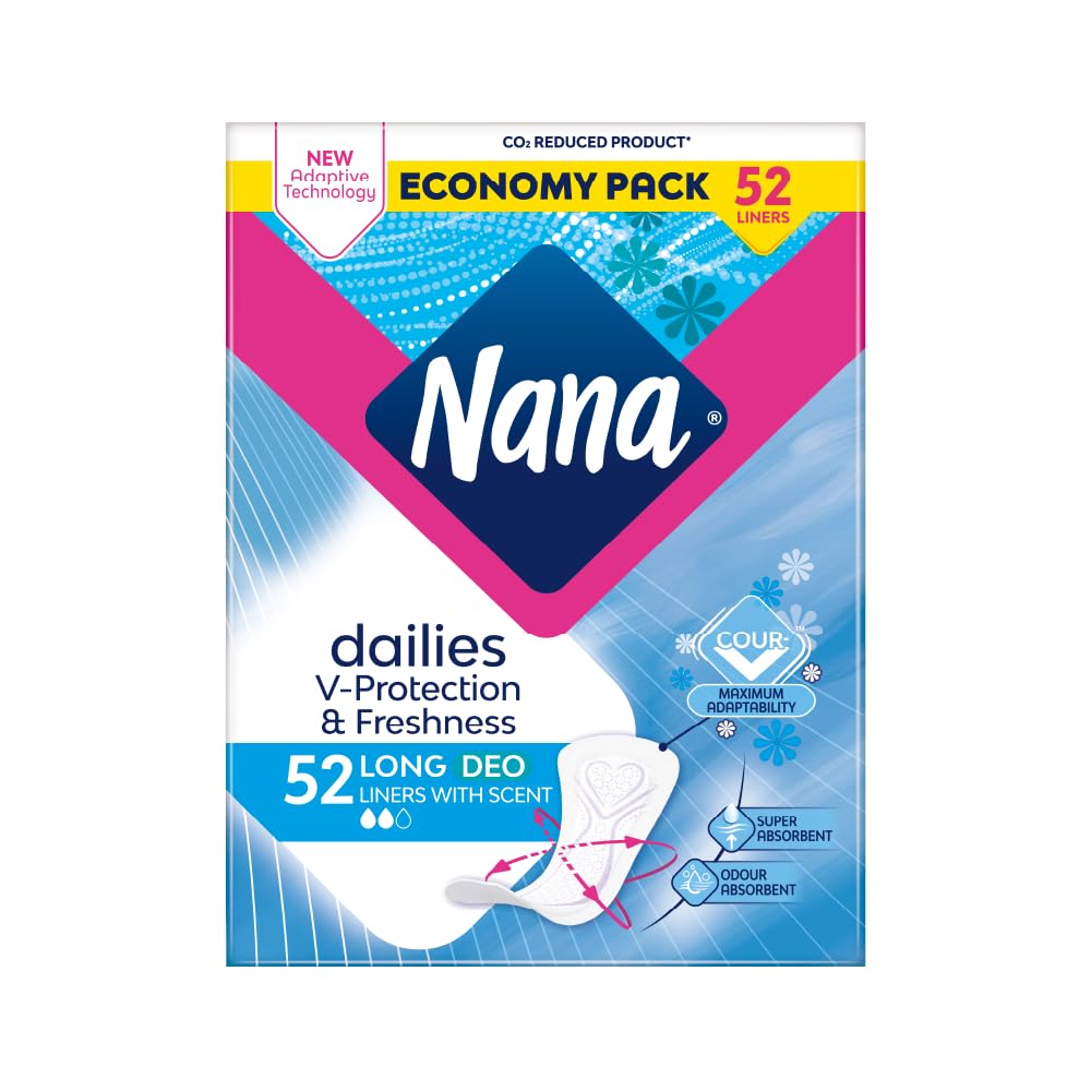 Nana Daily Long Panty Liners Deo Scented, Super Absorbent, Gentle on the skin - 52 Liners (Economy pack)