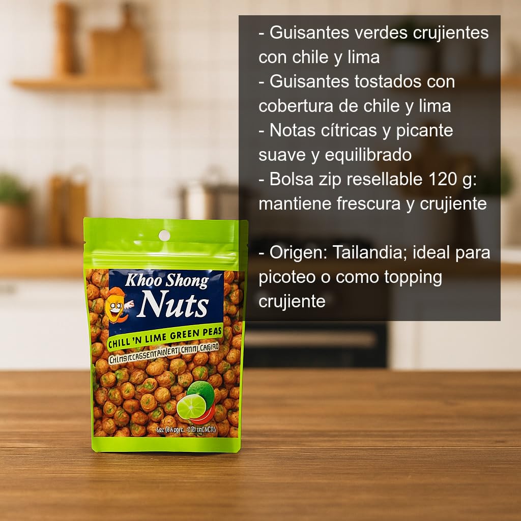 Guisantes verdes crujientes con chile y lima 120 g, snack tostado picante suave y cítrico, bolsa zip resellable para aperitivo y topping