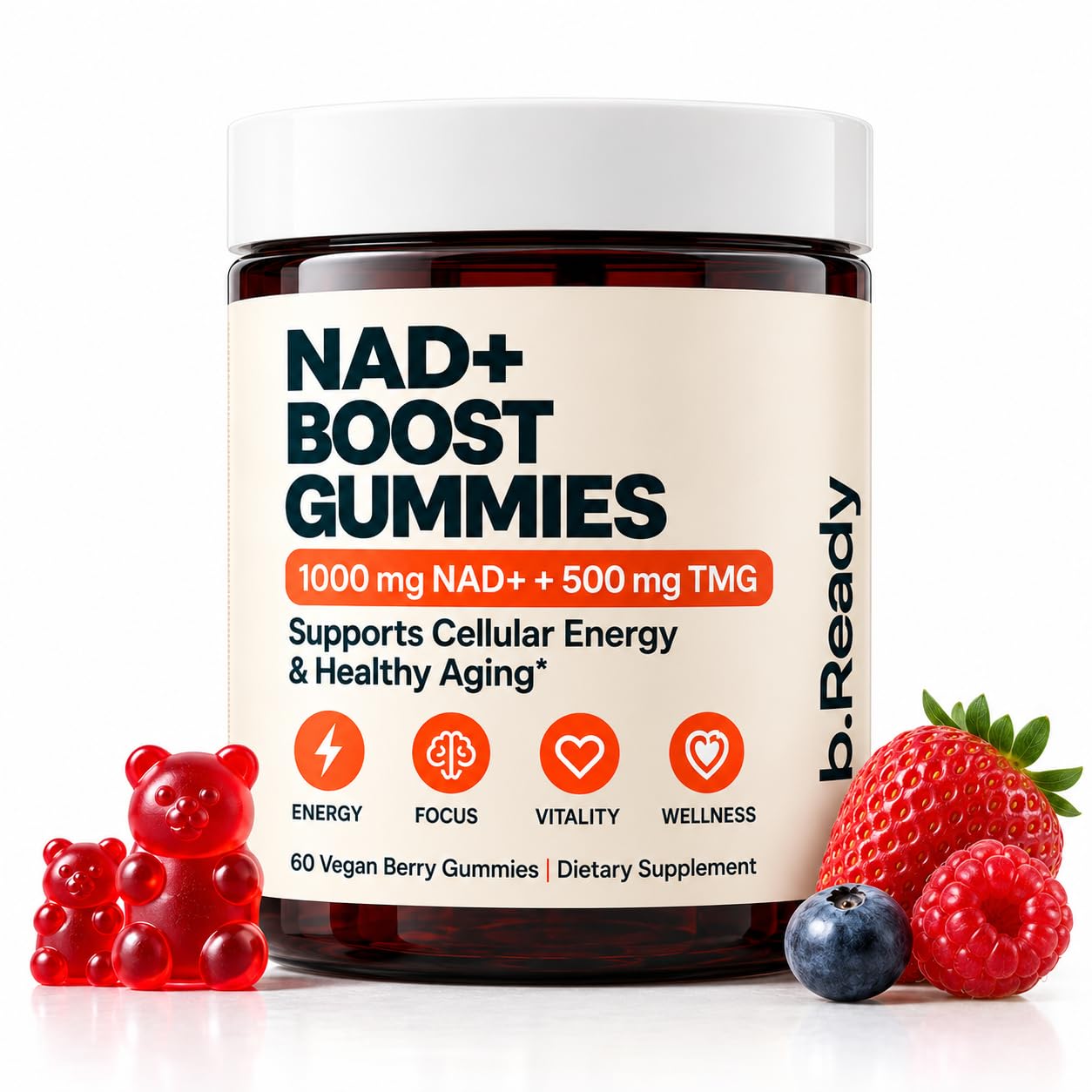 b.Ready NAD+ Gummies, Premium 1000 mg NAD Supplement with 500 mg TMG, Grape Seed & Black Pepper Extract – NAD+ for Healthy Aging, Cellular Energy & Antioxidant Support, Vegan, Sugar-Free, 60 Count