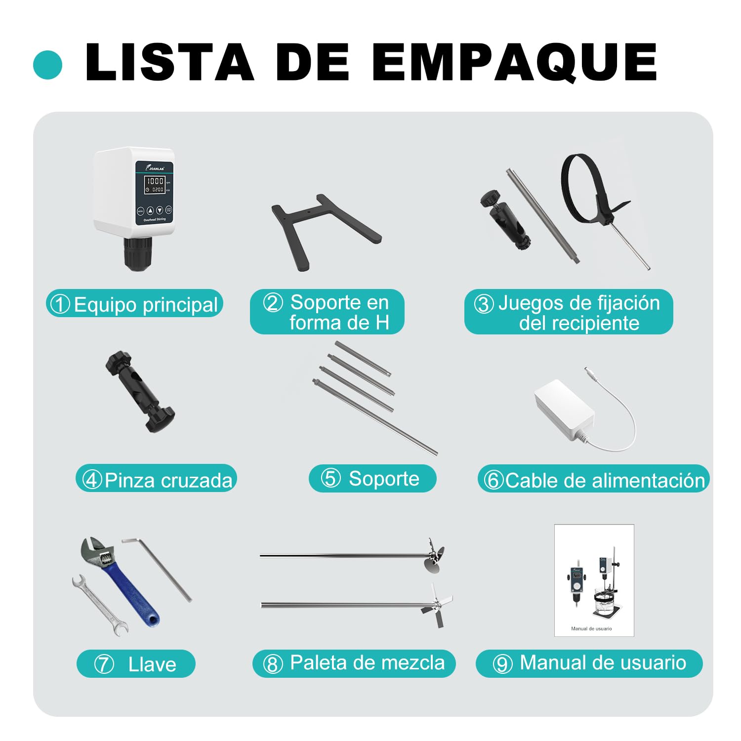 JOANLAB Agitador de Sobremesa Overhead Stirrer, Mezclador de Laboratorio 36W con Paleta y Soporte Inox, Velocidad Ajustable 100-1200 RPM, Temporizador Digital 1min-24h, para 10L & 20000 mPas(OS-5S)