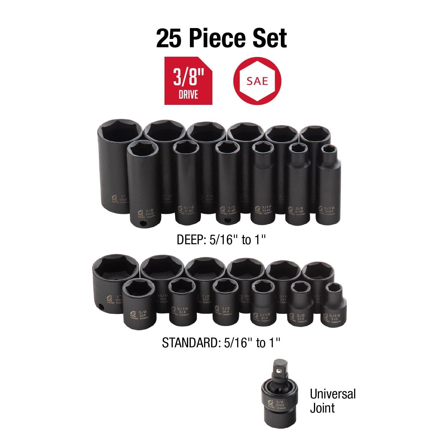 SUNEX Tools 3325 3/8-calowy napęd SAE Master Impact zestaw nasadek, standardowy/głęboki, 6-punktowy, Cr-Mo, 5/16-calowy - 1-calowy, 25-częściowy
