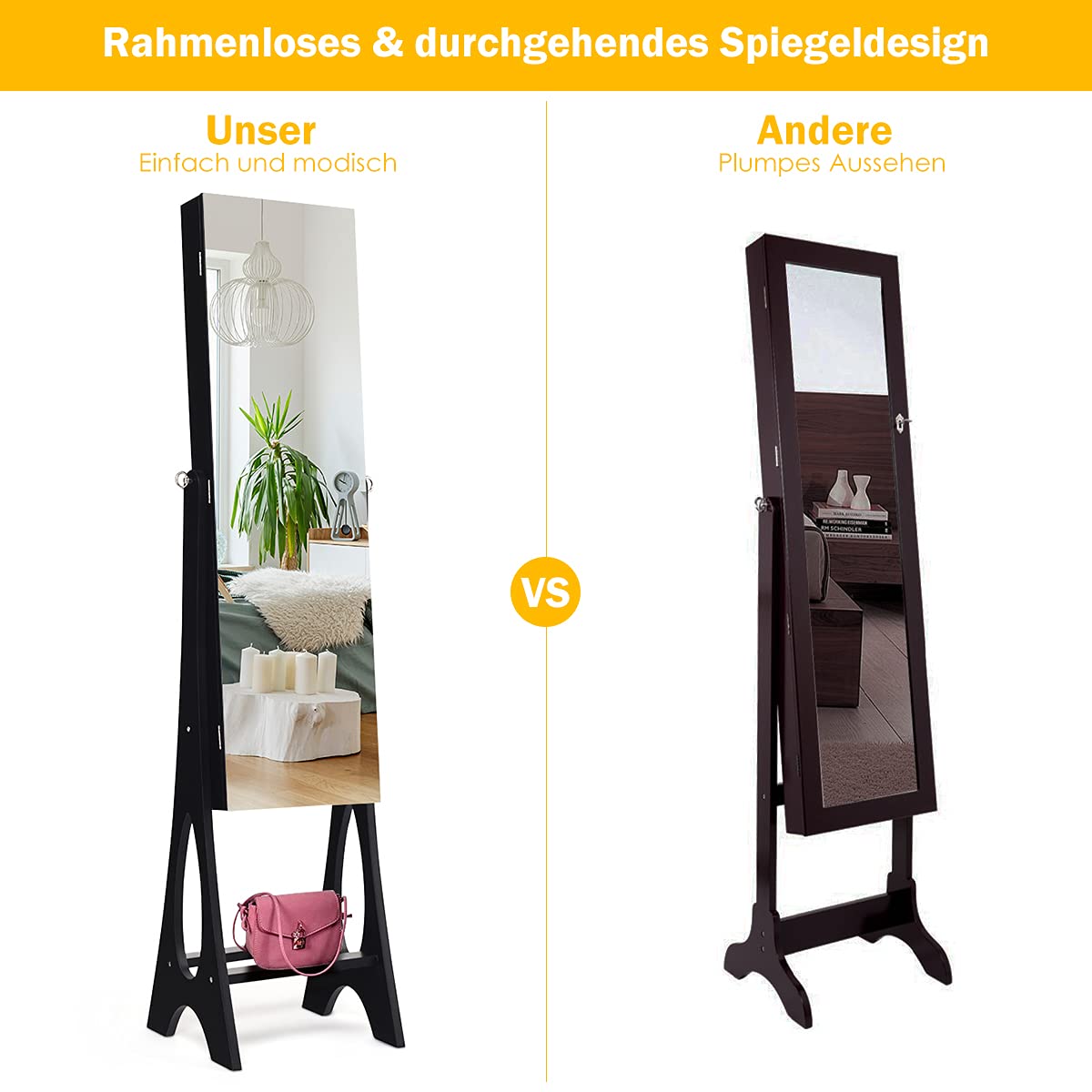COSTWAY Schmuckschrank Standspiegel abschließbar, 2 in 1 Ganzkörperspiegel mit Schmuck Aufbewahrung, Spiegelschrank mit 12 LEDs freistehend (Schwarz)