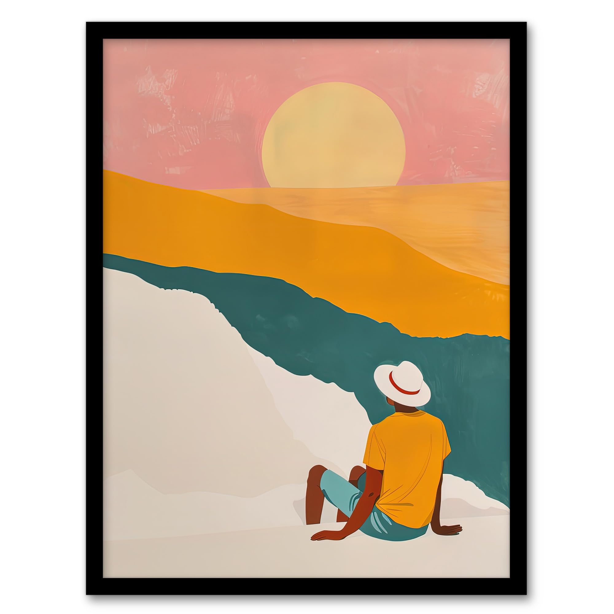 Artery8 Watching the Sunset Block Print Beach Relax Boho Living Room Bathroom Artwork Framed Wall Art Print A4