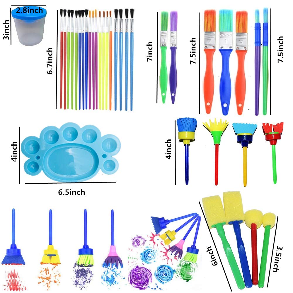 Niños Esponja Pintura Cepillos Kit-4 Colores Botes Surtidos con Tapas y 46 Piezas Pinceles de Pintura para Niños
