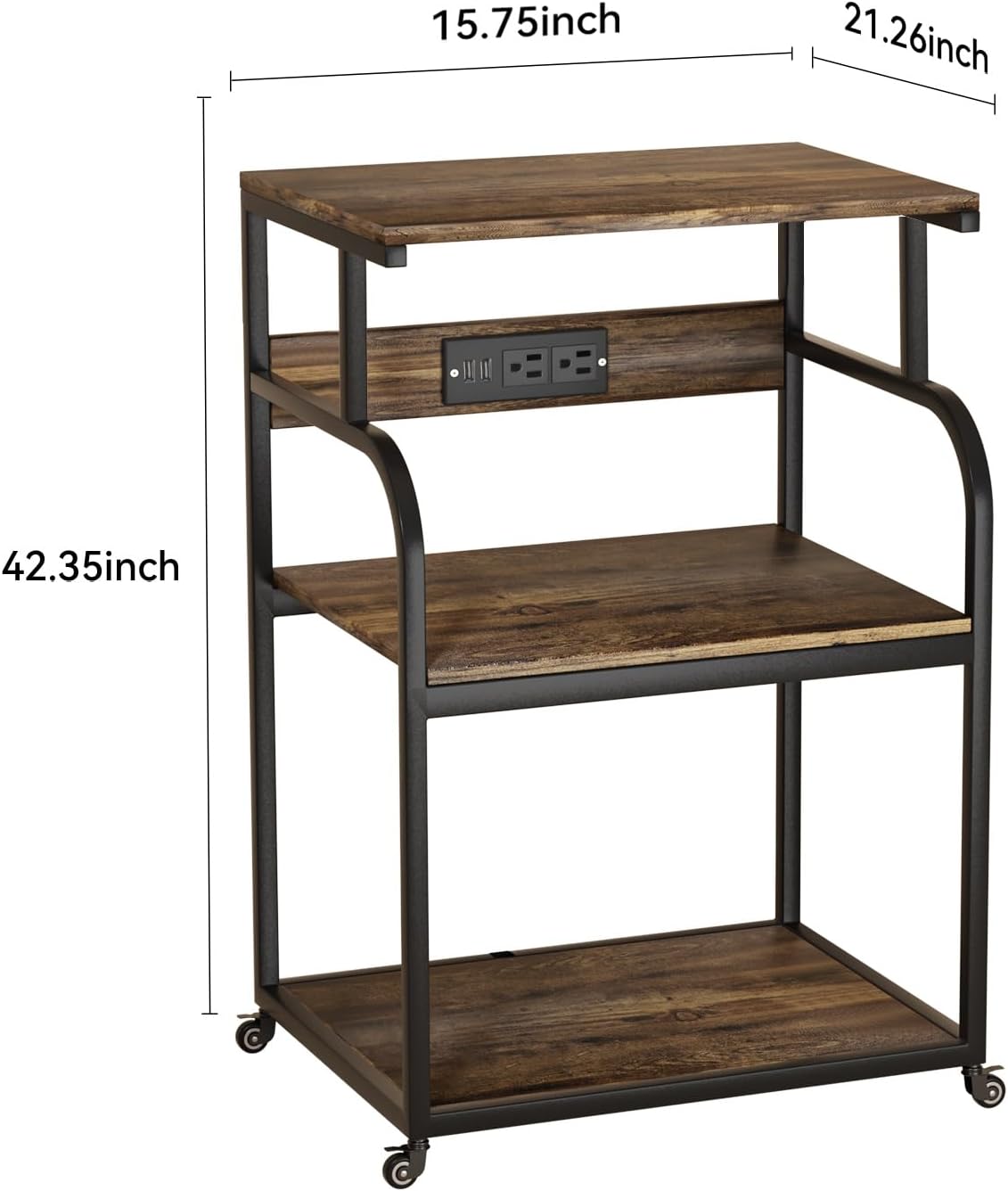 Large Printer Stand with 3-Tier Wood Storage Shelves with Power Outlet - Multi-Purpose Desk Organizer for Printer Scanner Fax Home Office Use with Wheels (Rustic Brown)