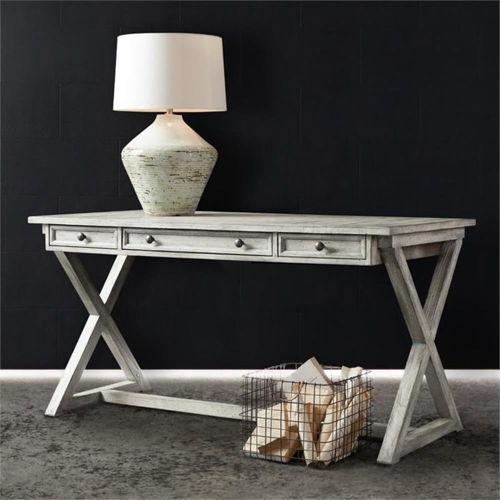 BOWERY HILL Computer Desk, 60 in Wide, Distressed Light Gray Finish, Oak Veneer and Simulated Leather, 3 Drawers with Keyboard Drop-Front, X-Base Design, Modern Home Office Desk
