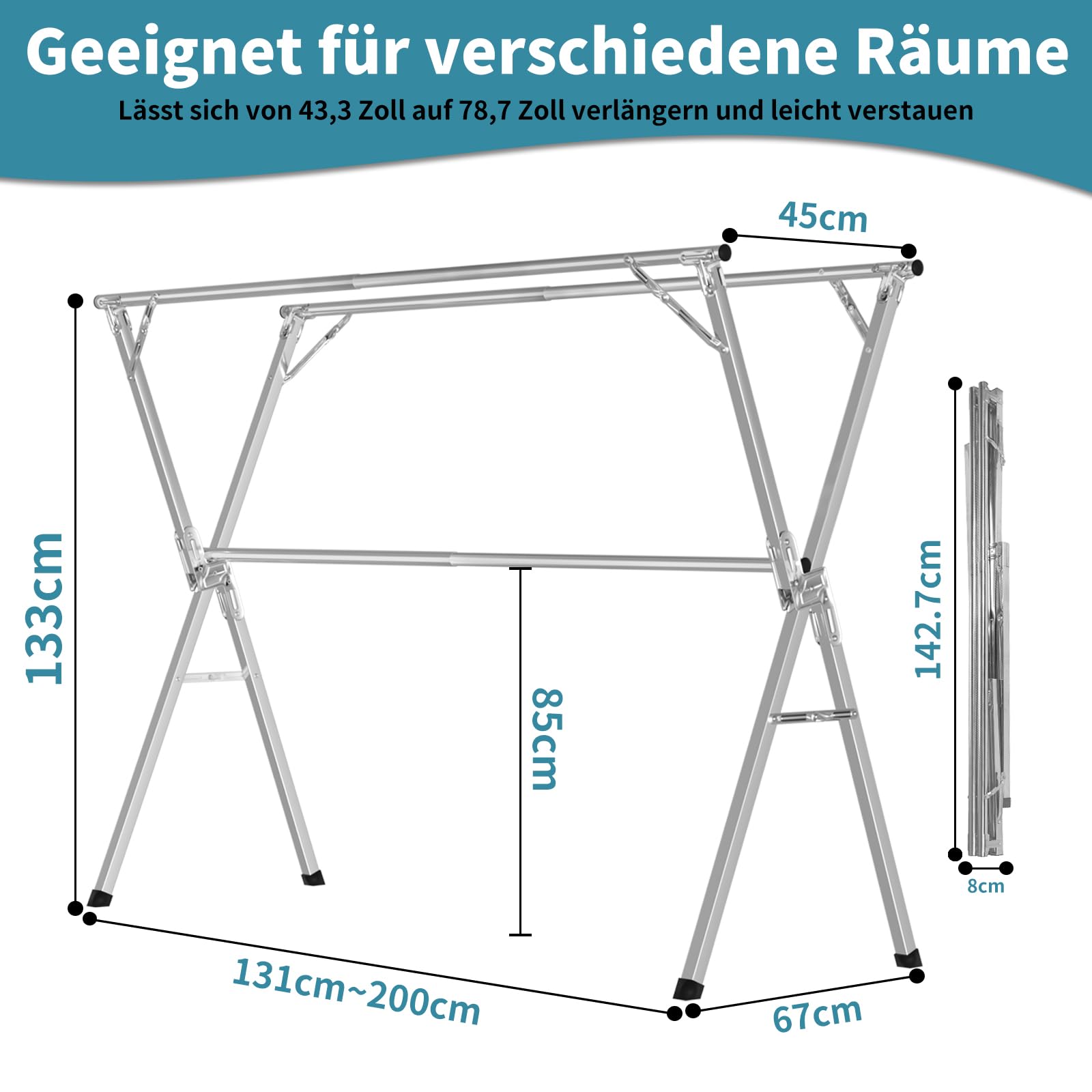 OUUTMEE Ausziehbarer Wäscheständer 130-200 cm Edelstahl mit 20 Haken