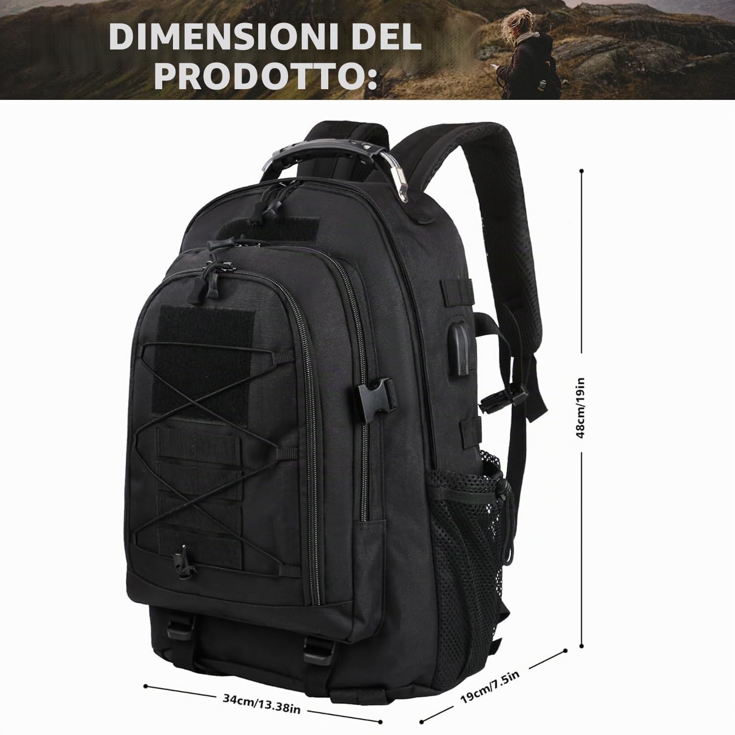 aiGear 35L Zaino Tattico Militare Grande Capacità Impermeabile Nero | Militare Zaino, Borsone da Viaggio per Uomo/Donna, per Sport all'aperto Trekking Escursioni Pesca Palestra Camping