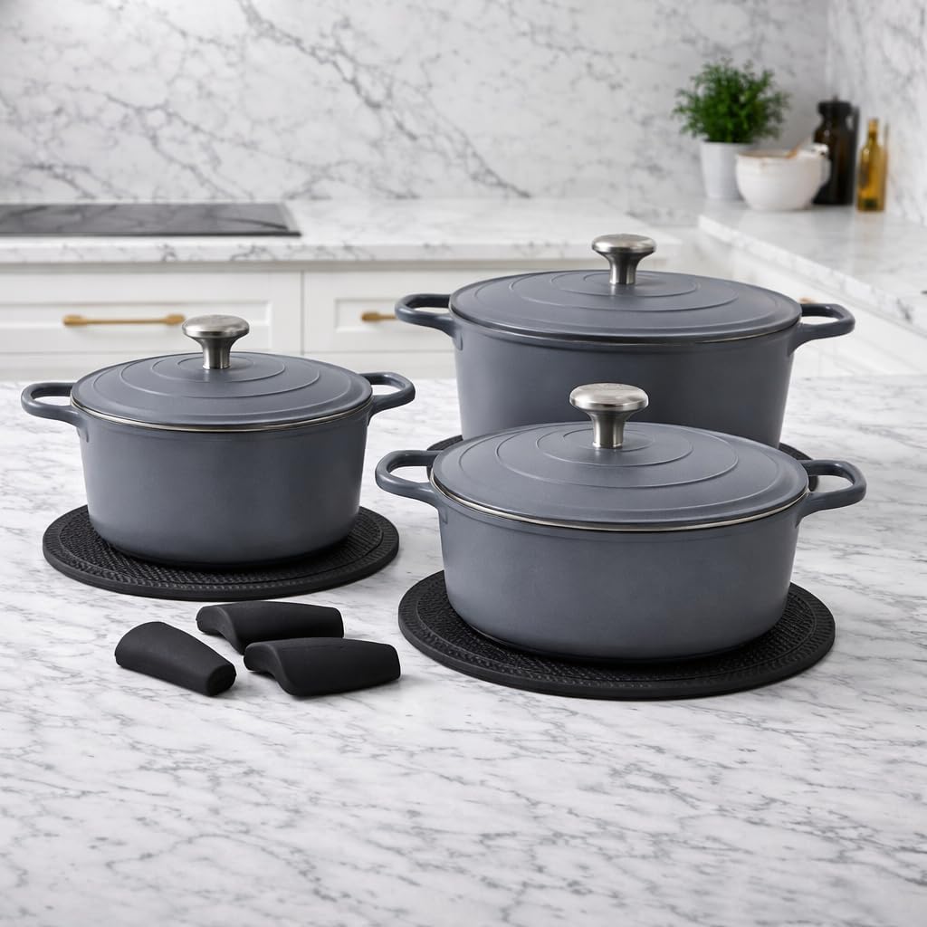 Conjunto de Caçarolas Amafi Grigio Indução 3 Peças com Tampa | Alumínio Fundido Revestimento Cerâmico | Panelas Antiaderentes Premium | Acompanha Pegadores e Descansos de Silicone