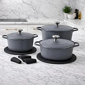 Conjunto de Caçarolas Amafi Grigio Indução 3 Peças com Tampa | Alumínio Fundido Revestimento Cerâmico | Panelas Antiaderentes Premium | Acompanha Pegadores e Descansos de Silicone