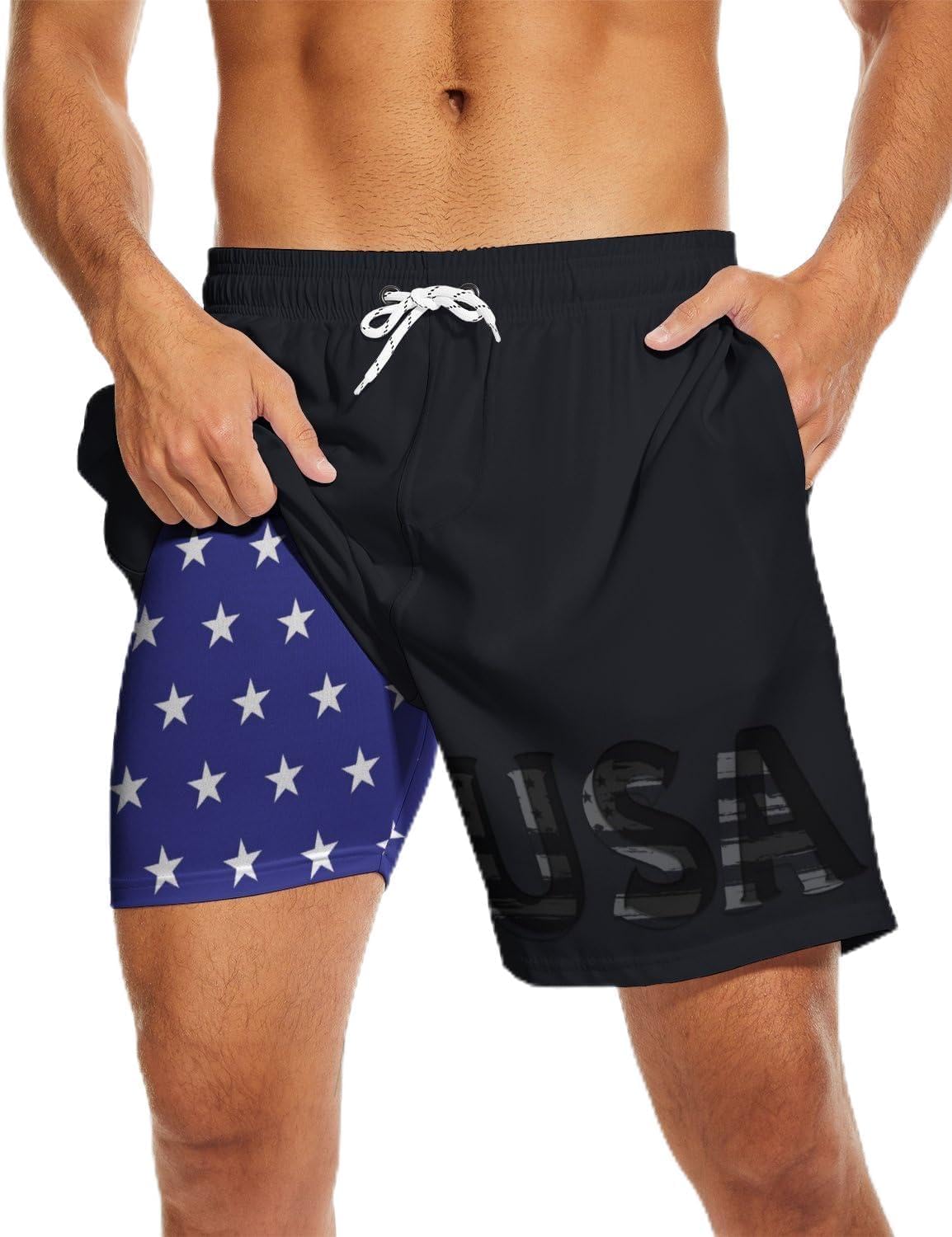 USA Flag Mens Swim Trunks with Compression Liner 7 inch Black American Flag Swimming Trunks Us Flag Board Shorts