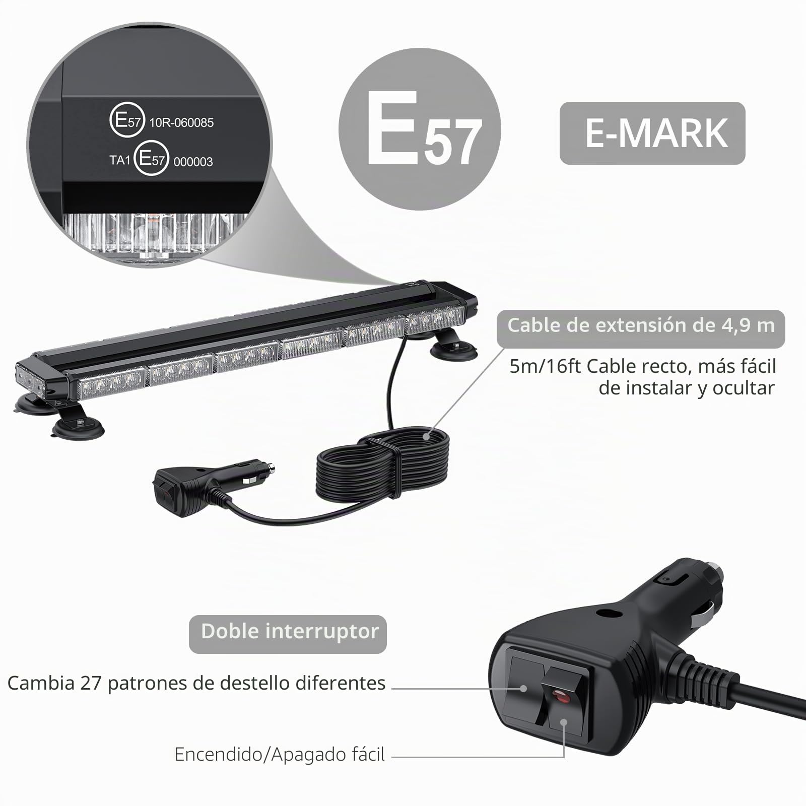 Justech 54LED Luz Estroboscópica Coche,54W Barra Luz de Emergencia,27 Modos Flash,IP65 Impermeable,Base Magnética,12 V/24 V Luces de advertencia Ámbar con 5M Cable para Coche Camión Remolque