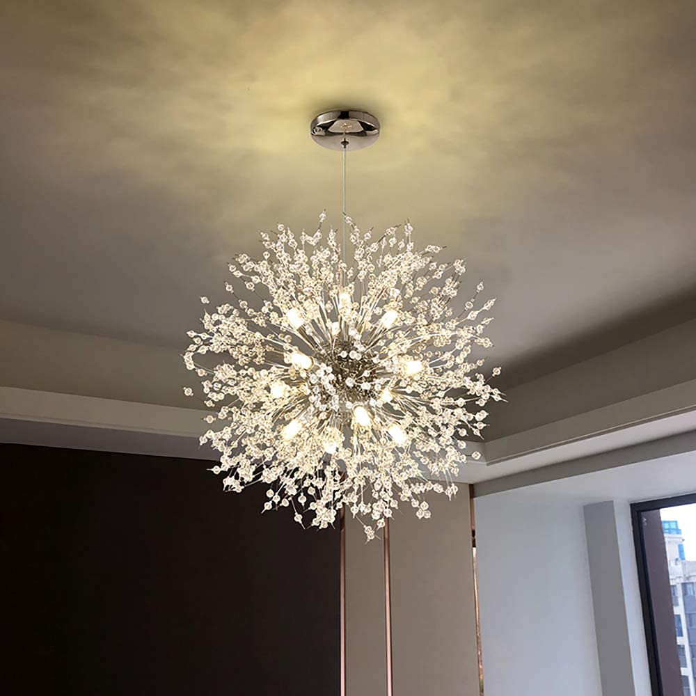 SYAXVOM Modern Crystal Dandelion Chandelier 12-Light Decorative Fixture for Living Room Dining Bedroom Kitchen - Elegant Silver Lighting Decor