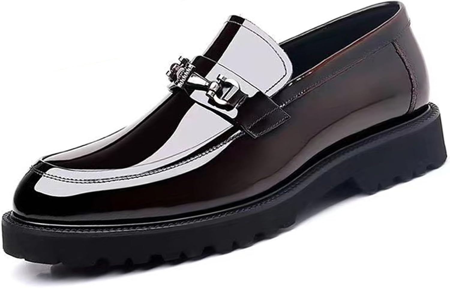 Men's Comfort Platform Chunky Slip-On Loafers, Fashion Metal Chain Shiny Patent Leather Business Casual Dress Shoes, Non-Slip Toe Lug Sole Driving Loafers