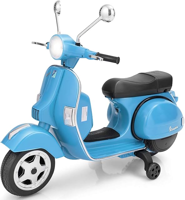GYMAX Kids Motorbike, 6V Battery Powered VESPA Compatible Motorcycle with Training Wheels, Music, Headlight, USB, MP3 and SD Slot, Children Electric Ride on Motor Bike for Girls Boys (Blue)