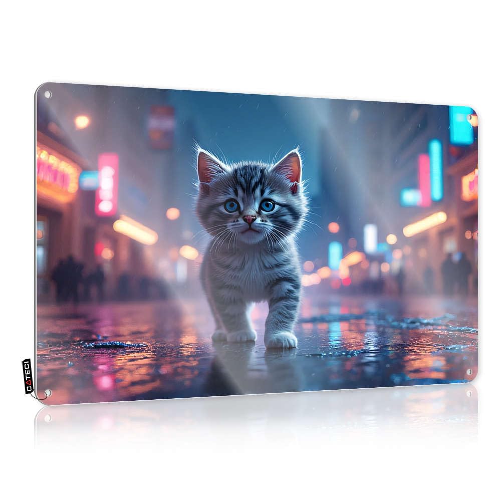 Metal, Decor Funny Gift For Mechanic Wall Decor, Lovely Rustic Metal Tin Sign For Man Cave | Bedroom Holiday Gift Custom A Kitten Walks On A Rainy City Street(30X40CM)