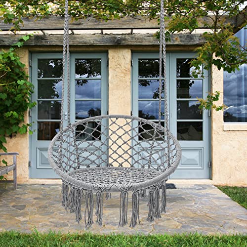 Image of Garpans Hammock Chair Macrame Swing Bohemian Style Hammock Swing Chair with Tassels Hanging Swing Chair Handmade Knitted Cotton Rope for Indoor Outdoor Bedroom Patio Max 330 Lbs Grey