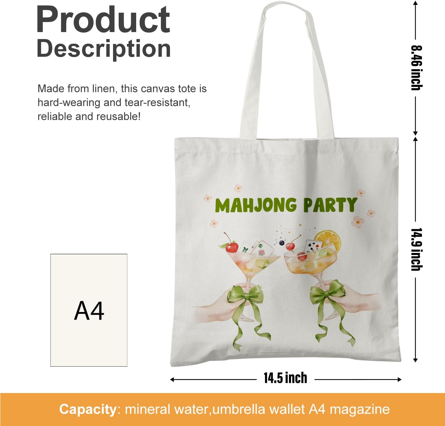 Mahjong Cocktail Tote Bag,Mahjong Lovers Players Gifts Canvas Tote Bag for Women,Coquette Green Bow Cocktail Reusable Grocery Shopping Bags - Image 6