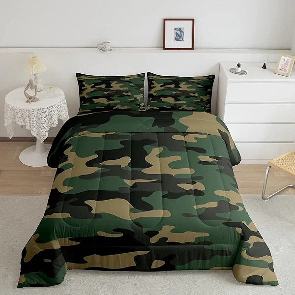 Kids Boys Camo Comforter Set Army Camouflage Lightweight Bedding Set for Girls Teens Youth Man Colorful Pattern Art Decor Comforter Black Green Yellow Quilt Set with 2 Pillowcases 3Pcs Bedding Queen