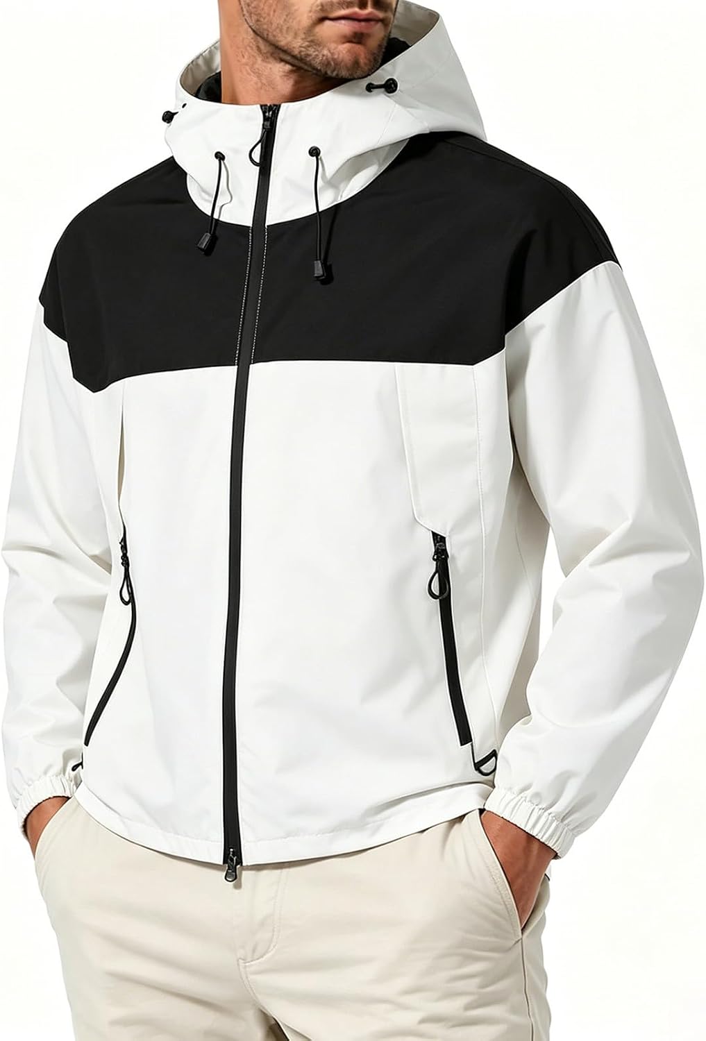 Men Color Block Rain Jacket Long Sleeve Hooded Zip aterproof Coat Windbreaker Outdoor Hiking Outerwear with Pockets