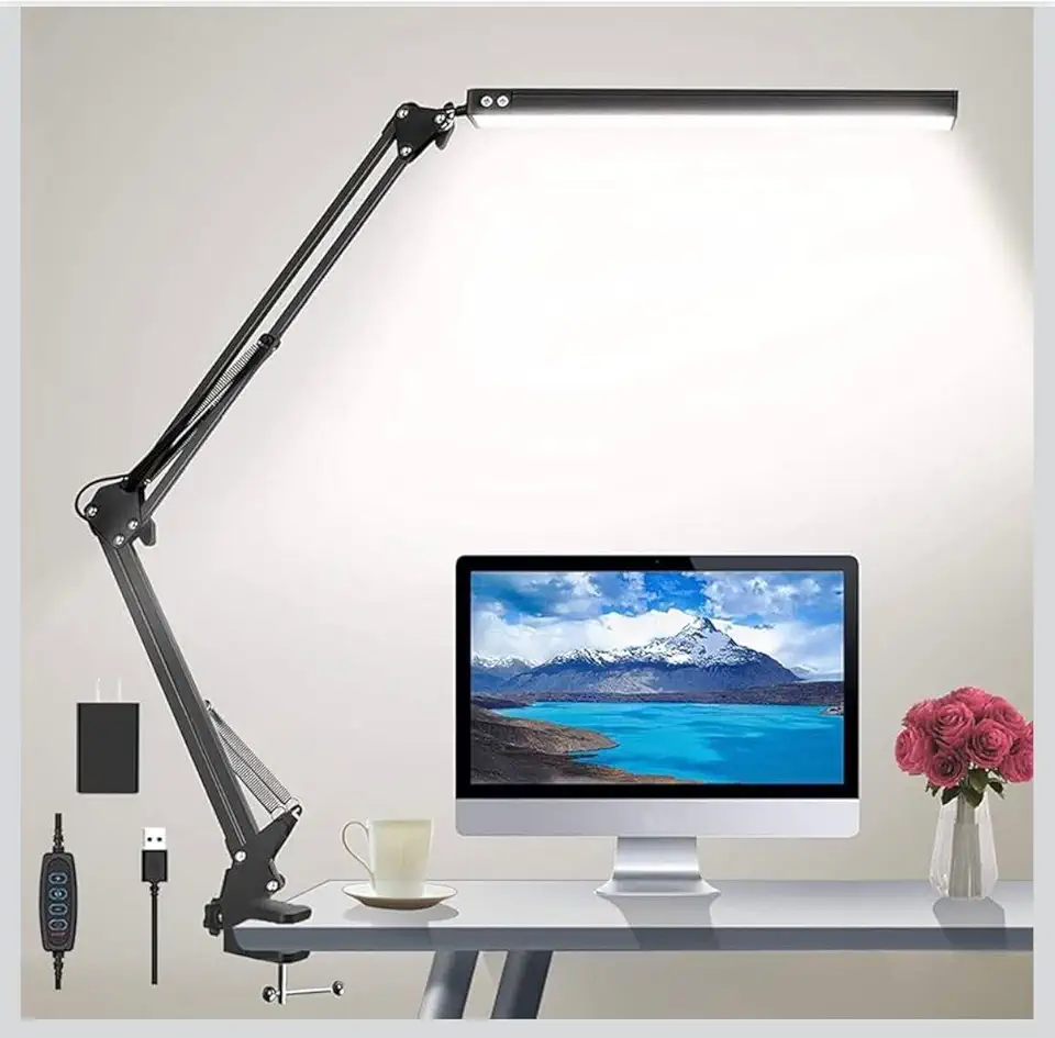 Luminária de Mesa LED com Braço Flexível 360° e Prendedor, Luz para Leitura com 3 Modos de Cor e 10 Níveis de Brilho Ajustável, Proteção Ocular, Excelente para Estudo, Home Office e Leitura
