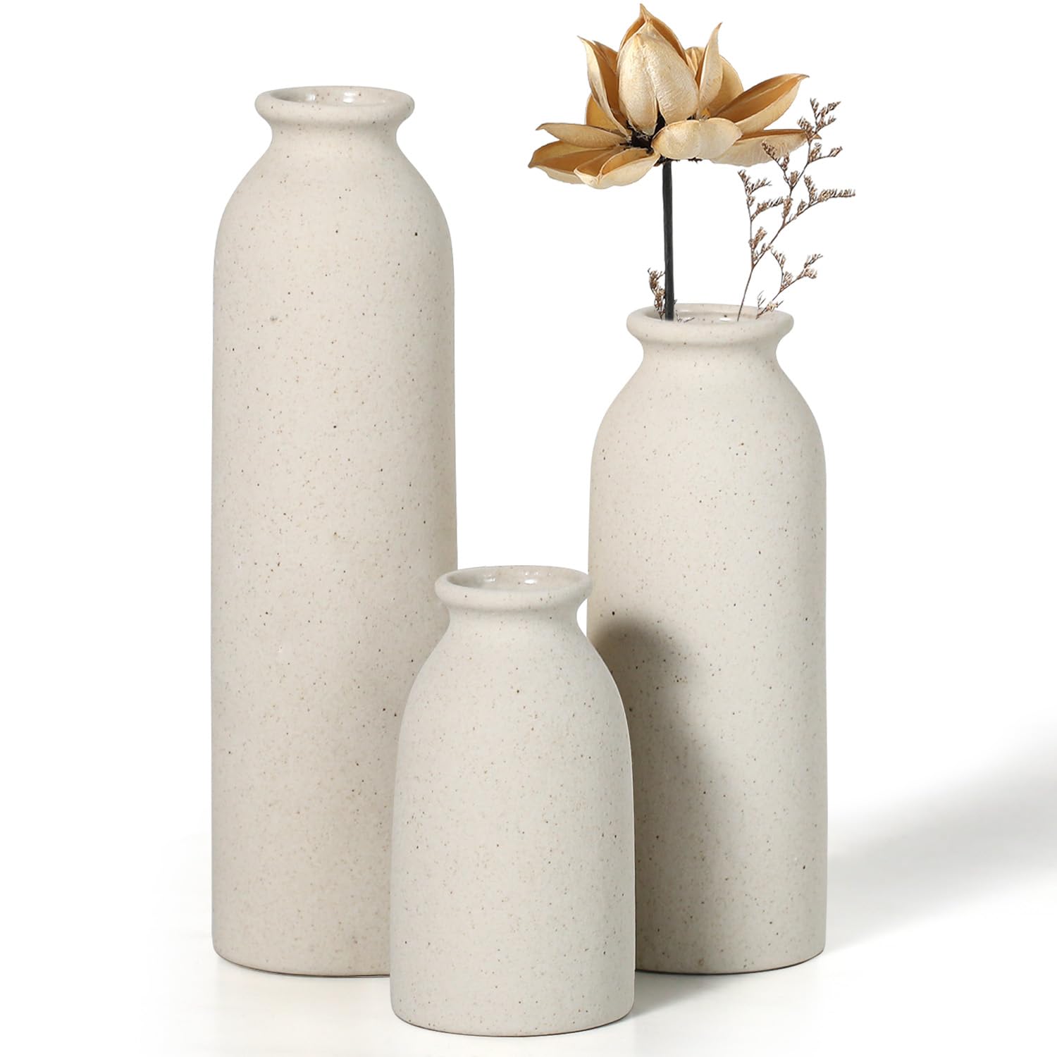 Moderno juego de jarrones de cerámica, 3 piezas, jarrones decorativos en diferentes tamaños (beige)