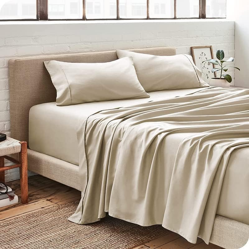 Image of Bed Sheet Single Size Cotton - Pure Egyptian Cotton Single Size BedSheet with Pillow Cover - Solid Beige 600 Thread Count - Stain Resistant, Skin Friendly, Organic Cotton BedSheet