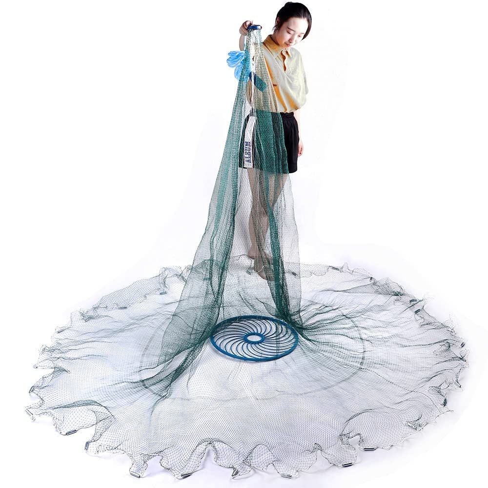 Lancer Un Filet Fiffères de Jet de Main de pêche Puissant for la pêche en Amérique Style Green Multifilament Ligne de pêche Durable Anneau Bleu Cast Net
