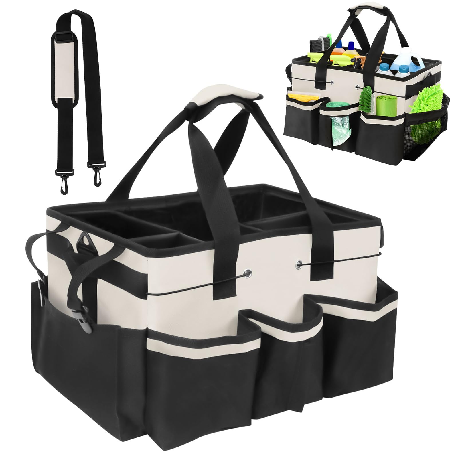 Ruaizel Cleaning Caddy Organizer, Large Multi Compartment Cleaning Tote Bag with Removable Divider, Handles & Adjustable Shoulder Strap, Cleaning Tote Bag for Cleaners Housekeepers(White)
