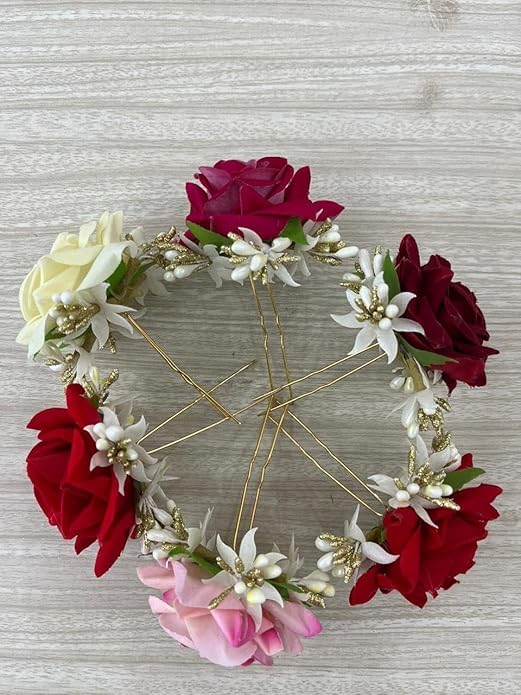 Women's MultiColor Rose Flower Hair Clip/Brooch Vintage hair pins,Artifical Rose Juda Pin With Praga-for women & Girls Set of- 6 pcs (Red,White,Pink,Rani,Maroon)-image-20