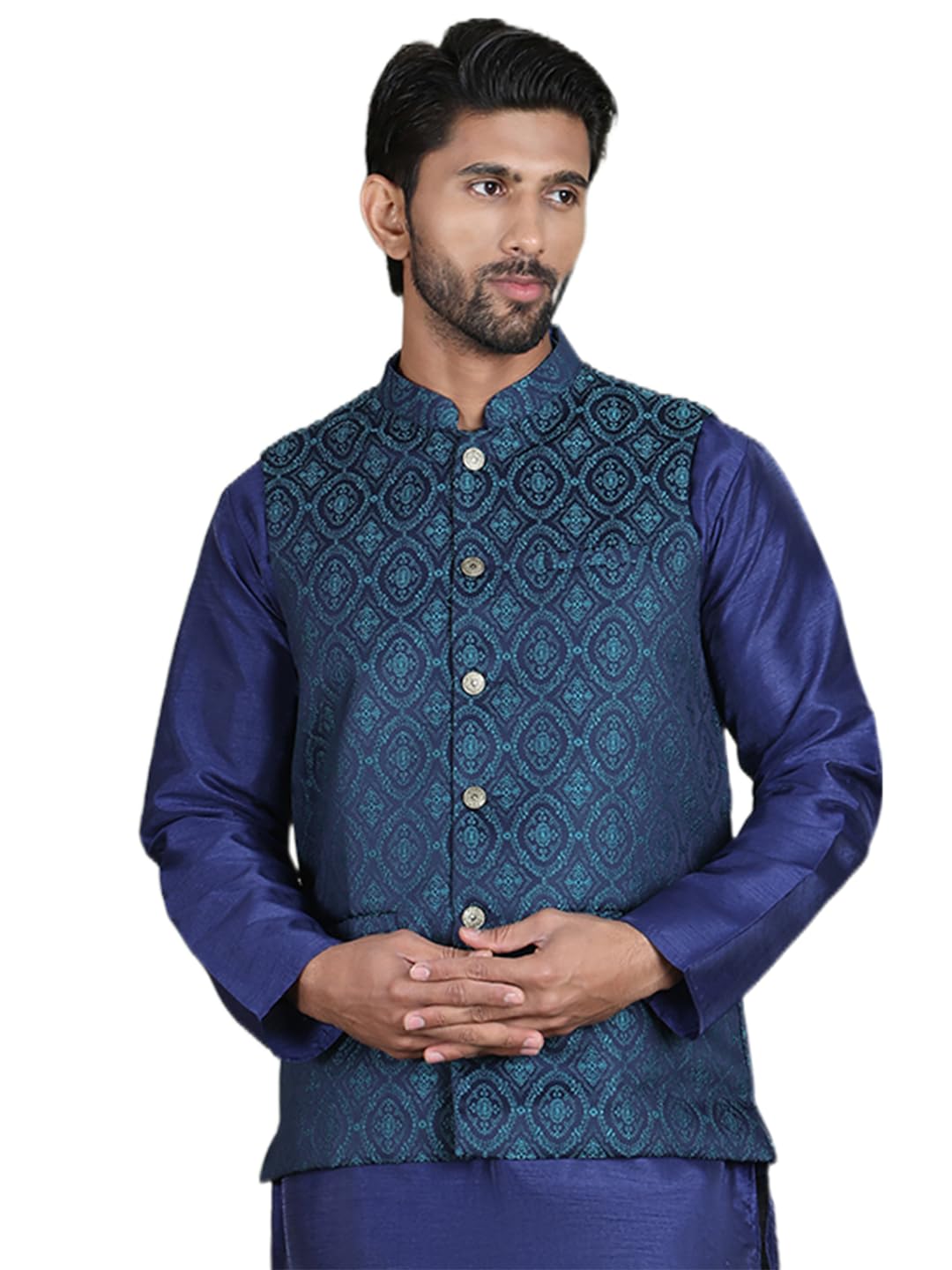 jompers Teal Woven Design Nehru Jacket (Teal, L)-picture-50