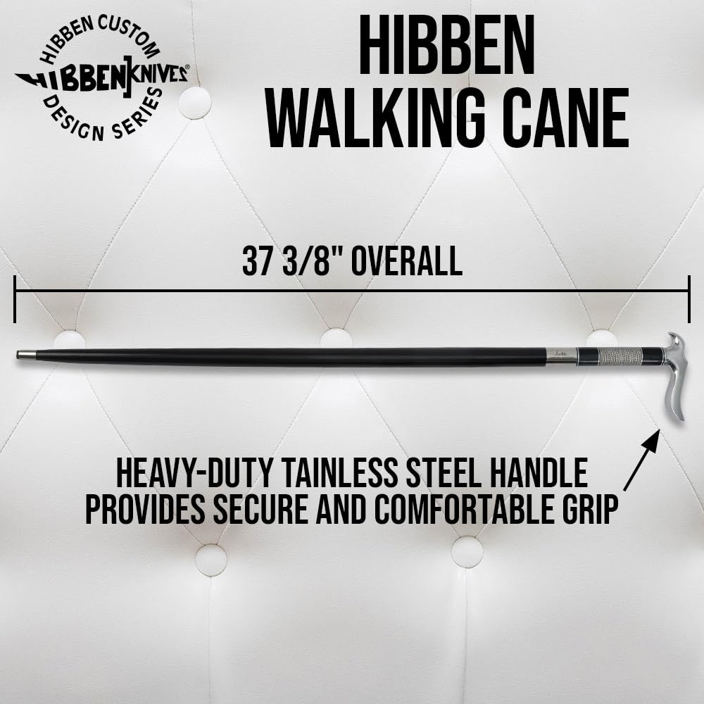 Gil Hibben Walking Cane | Matte Black Color | Stainless Steel Handle | Equipped with Rubber Toe | Silver Wire Wrap Accents | Use for Daily Walks or a Stylish Accessory | Overall Length 37 3/8