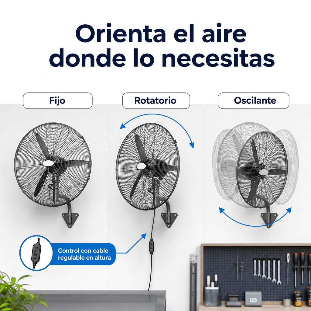 Ventilador Industrial Pared Negro Metal | Oscilante, Orientable y Ajustable | 3 Velocidades, 3 Aspas, Silencioso | Almacenes, Gimnasios, Talleres, Fábricas | Ø71cm | 240W | Protección calentamiento