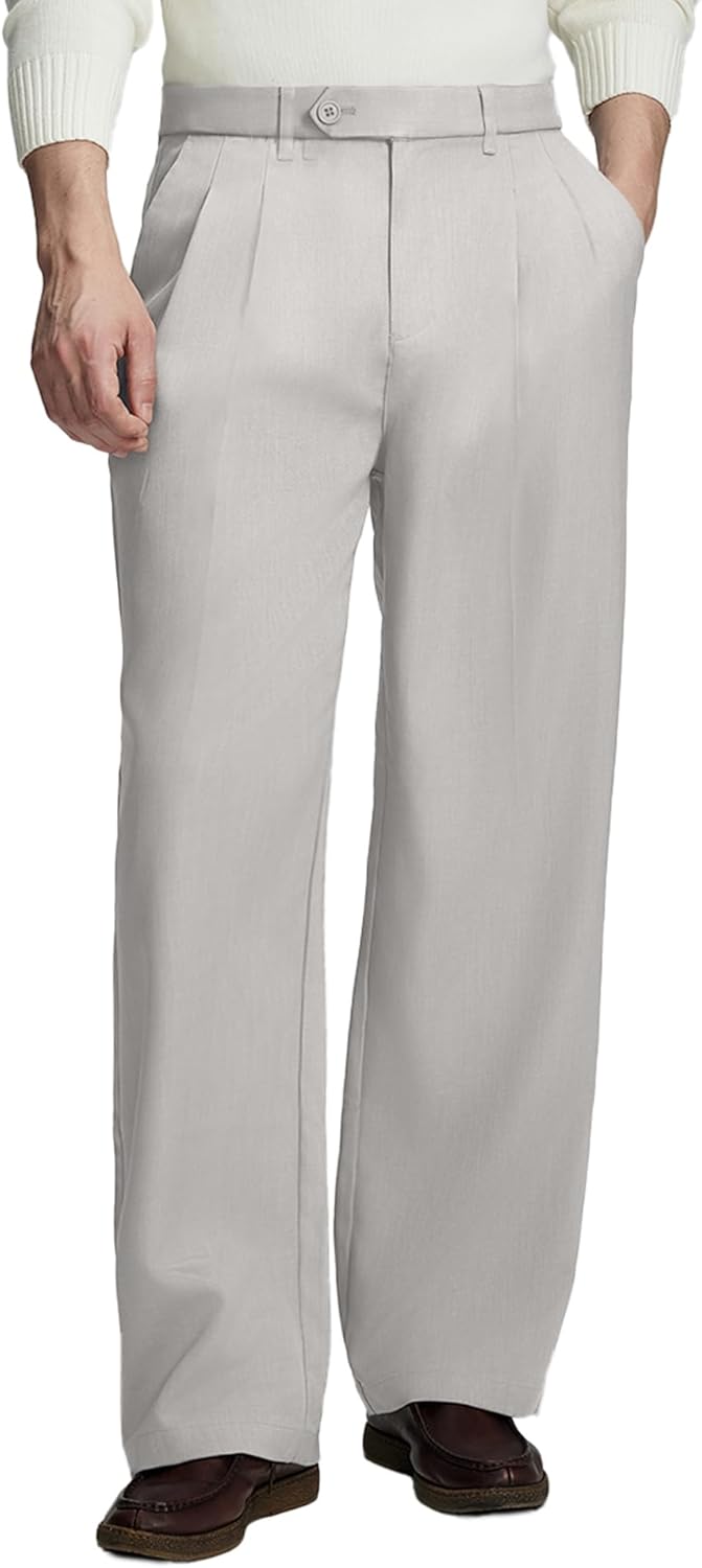 Susclude Mens Casual Dress Pants Old Money Pleated Baggy Wide Leg Vintage Relaxed Fit Slacks Work Office Trousers