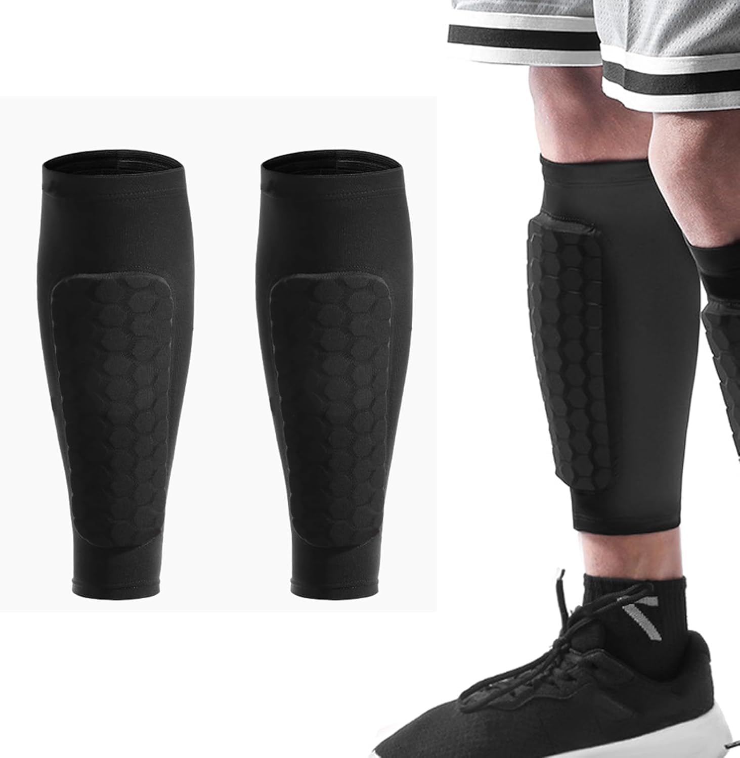 Shindefender Shin Guards,Shindefender Compression Sleeve with Honeycomb Pads,Shin Defender Shin Guards, Soccer Shin Guard Sleeves,Shin Pads for Kids and Aldult (Black, M)