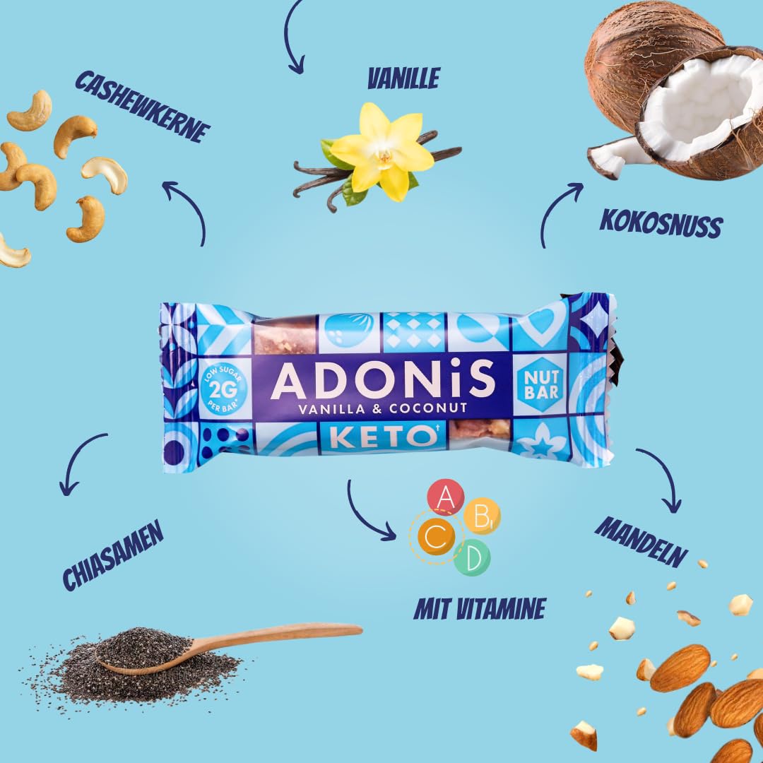 Adonis Keto Riegel Vanille- & Kokosnuss | 16x 35g | Keto Snacks | Vegan & 100% natürlich | Low Carb Bar und Low Sugar Snack | Perfect Keto-Diät Bars | Glutenfrei, ohne Zuckerzusatz (Vanille & Kokos)