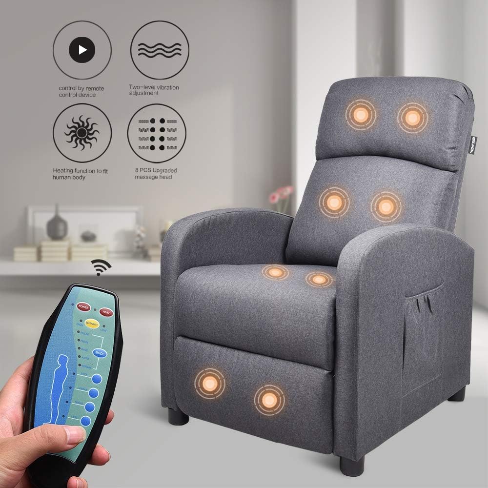 Fullwatt Massage Recliner Chair w/Remote Control,5 Massage Modes,Fabric Recliner Chair Adjustable Ergonomic Single Recliner Sofa Antiskid Fabric Sofa Living Room Chair (Grey)