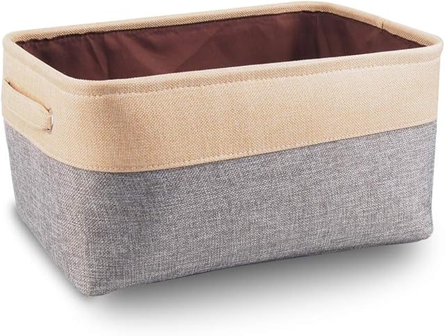 Mangata Canvas Storage Box, Fabric Storage Basket with Handles for Cupboards, Shelves, Clothes, Toys (Medium, Foldable, Grey Beige)