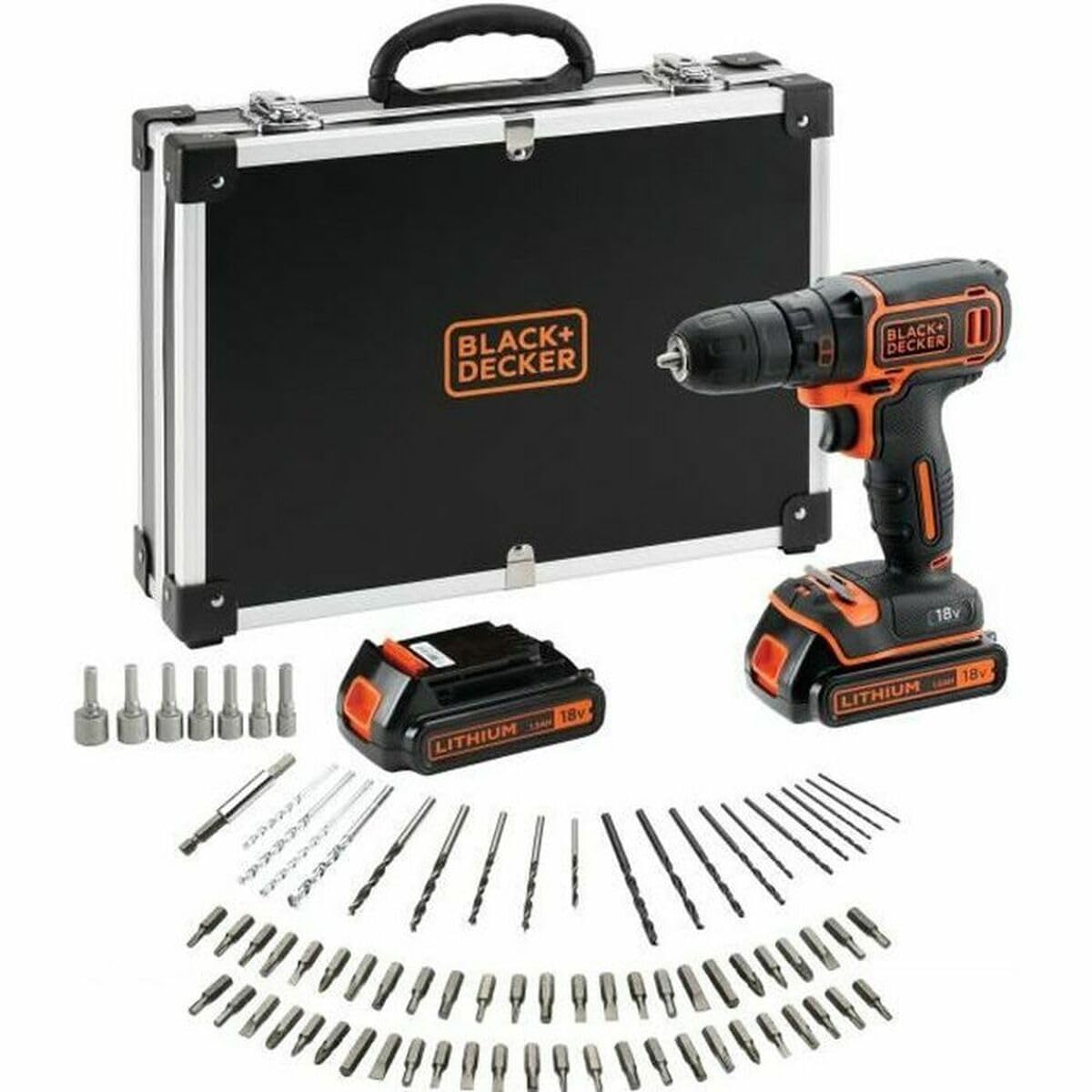 BLACK+​DECKER Perceuse-​visseuse sans fil 18V, compacte et légère, comprenant 2 batteries de 1,​5Ah, un chargeur rapide et 80 accessoires dans une mallette de rangement, BDCDC18BAFC-​QW