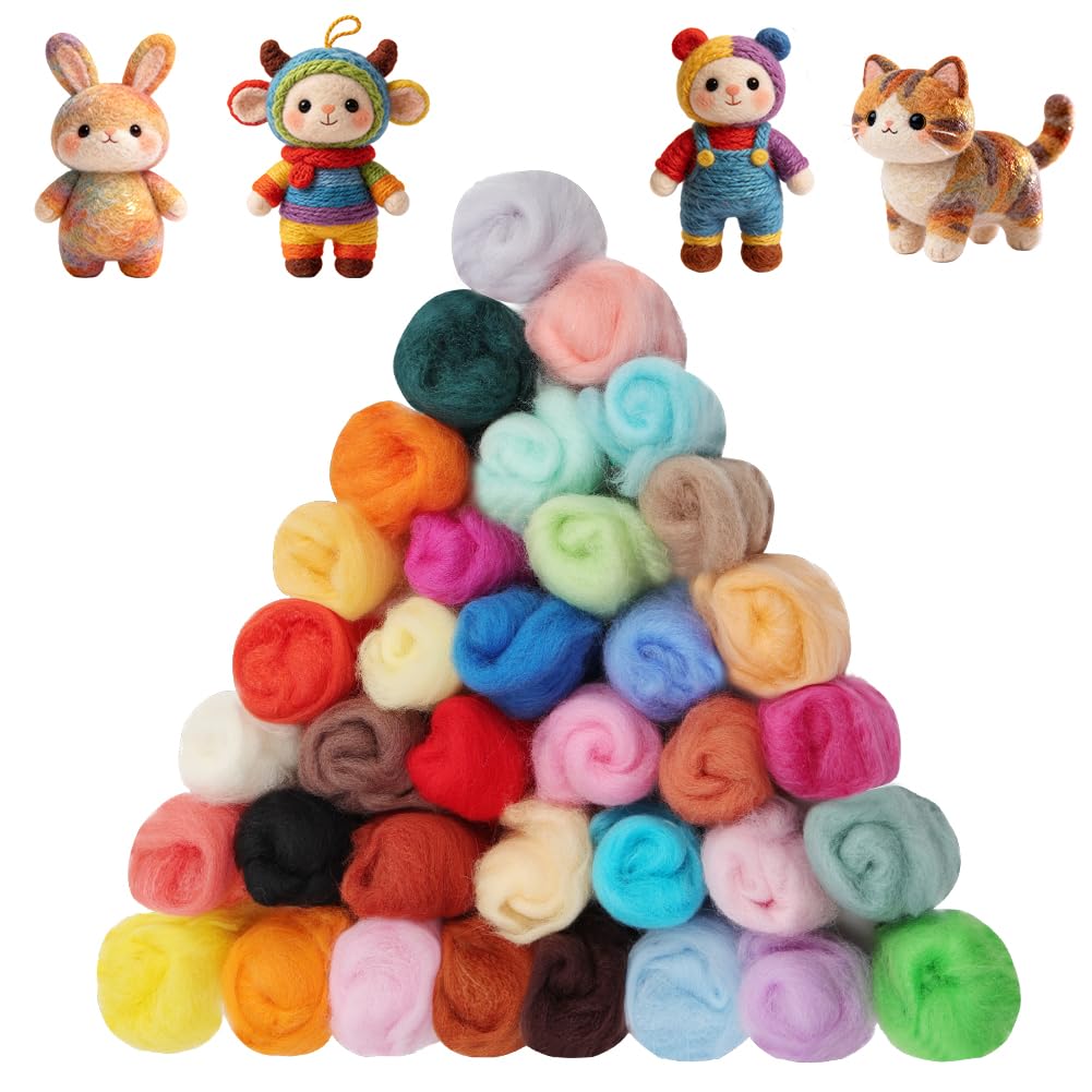 Ainiv 36 Pcs Felting Wool, Needle Felting Wool, 36 Colors Fleece Roving Yarn, Beginner-Friendly Art Crafts, Starter Needle Fuzzy Felt Supplies for DIY Craft Beginners — image 1