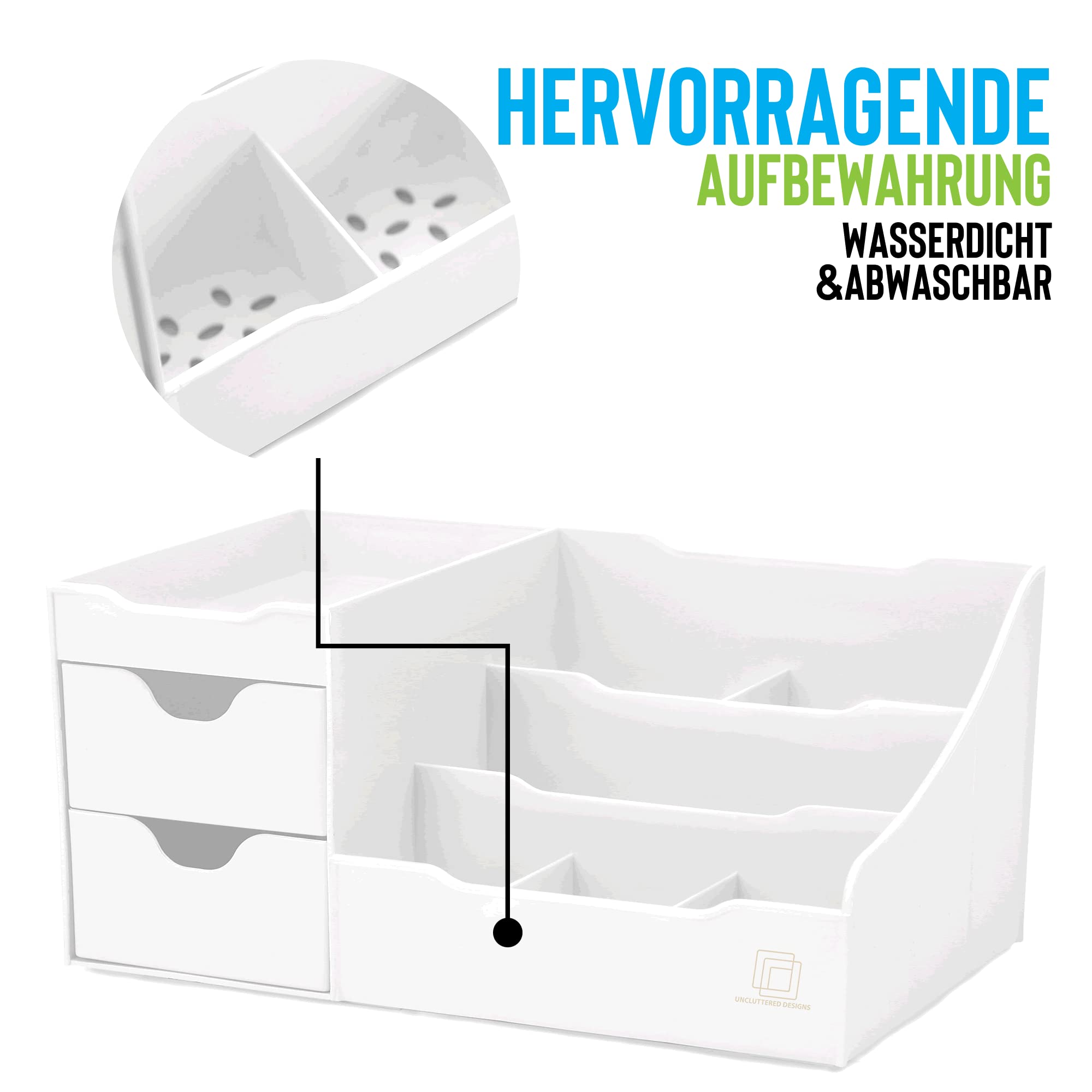 UNCLUTTERED DESIGNS Großer Weißer Schminktisch-Organizer - Kosmetik Aufbewahrung, Schönheit, Haare, Nägel, Parfüm & Hautpflege - Perfekt Bad & Schlafzimmer Schreibtisch Organizer Schubladen