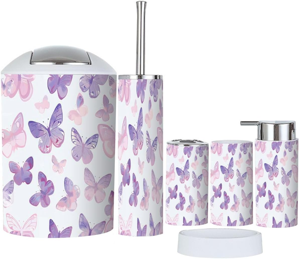 Bathroom Accessory Set 6 Piece Pastel Pink Butterfly Seamless Repeat Cute Butterfly Toothbrush Holder, Toothbrush Cup, Soap Dispenser, Soap Dish, Toilet Brush Holder, Trash can