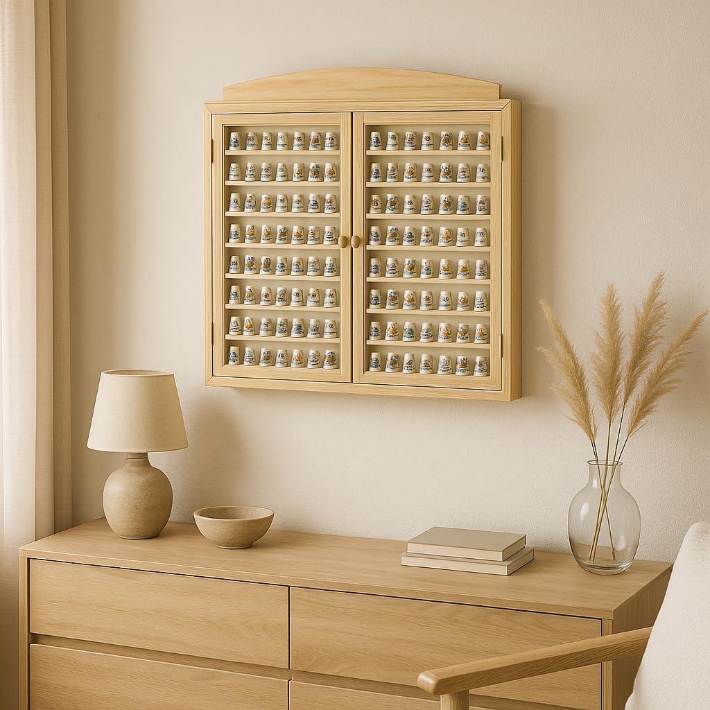 GRECA Vitrina Colecciones dedales. 2 Puertas. Capacidad: 144 dedales. Medidas (Ancho/Fondo/Alto): 60 * 6 * 54 cms. En Madera de Pino en Crudo. para Pintar.. Altura Entre baldas: 4,5 cms.