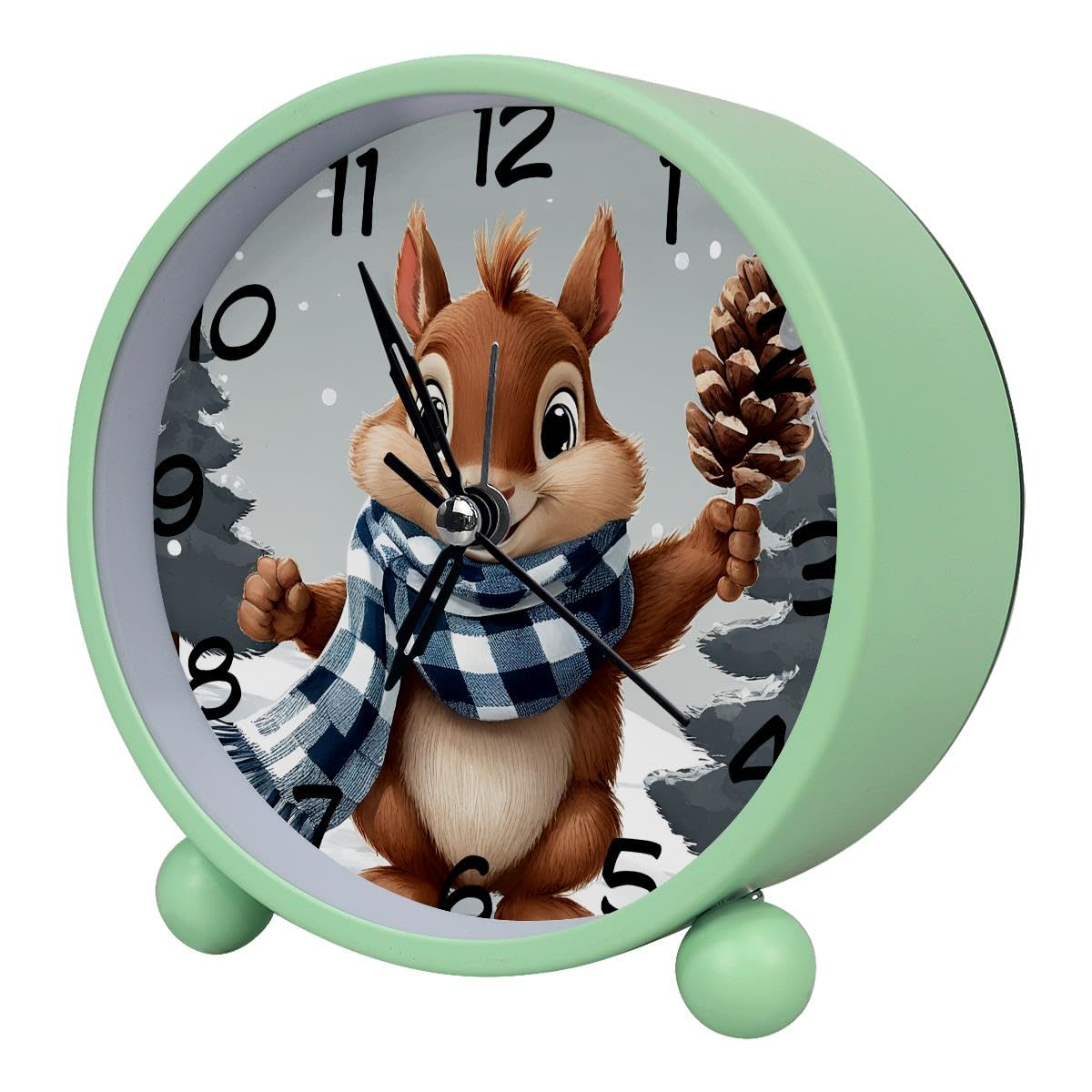 Luoweisi Analog Alarm Clock Cute Squirrel Winter, Silent Non-Ticking with Night Light, Battery Operated, Round Desk Alarm Clock for Office, Bedroom, Elderly, Adults, Children, Student Gifts